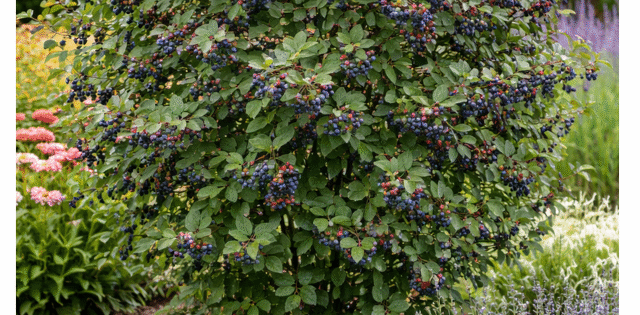 Amelanchier Smoky – канадска боровинка отрупана с плодове Канадска боровинка Amelanchier Smoky храст 200 см Amelanchier Smoky плодоносен студоустойчив храст Канадска боровинка Smoky с узрели тъмни плодове Amelanchier Smoky – самоопрашваща канадска боровинка