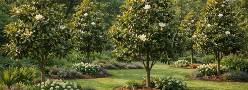 Магнолия грандефлора в градина – вечнозелени декоративни дървета Градина с няколко магнолии грандефлора в декоративно оформление Магнолия грандефлора средна големина, засадена в двор Вечнозелена магнолия грандефлора в озеленена градина Цъфтящи магнолии грандефлора в поддържана градина
