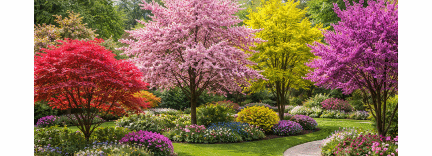 декоративни дървета в двор с пролетен цъфтеж