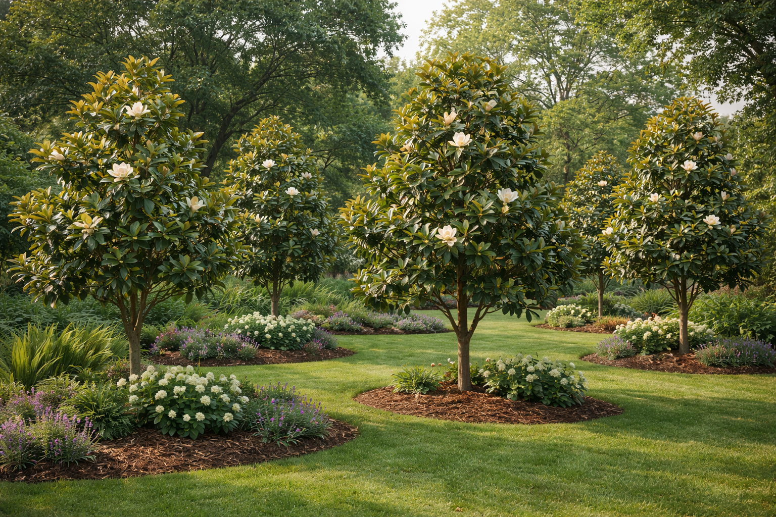 Магнолия грандефлора в градина – вечнозелени декоративни дървета Градина с няколко магнолии грандефлора в декоративно оформление Магнолия грандефлора средна големина, засадена в двор Вечнозелена магнолия грандефлора в озеленена градина Цъфтящи магнолии грандефлора в поддържана градина