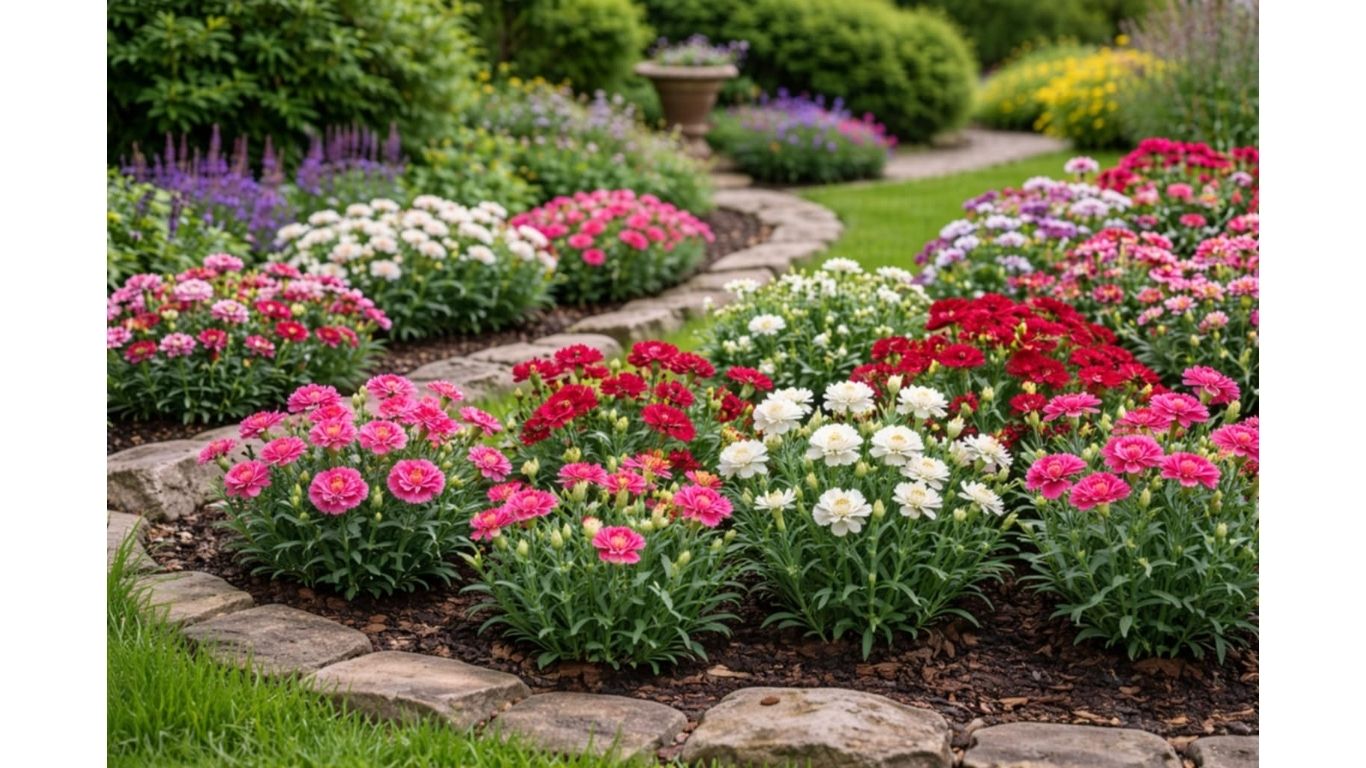 Червен карамфил в цъфтеж“ „Розов карамфил декоративно цвете“ „Бял карамфил градинско цвете“ „Карамфил в саксия с наситени цветове“ „Карамфил диантус в градината“ „Цъфтящи карамфили в различни цветове“