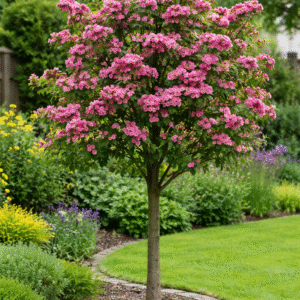 глог Paul’s Scarlet цъфтящо декоративно дърво с розови цветове в двор