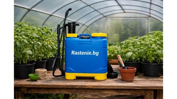 пръскачка за растения върху маса в оранжерия до саксии с разсад Rastenie.bg