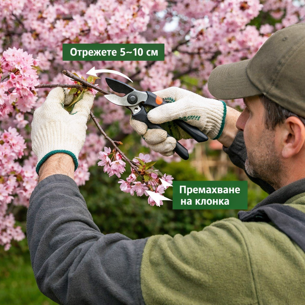Инфографика как се подрязва японска вишна след цъфтеж с указания за рязане на 5-10 см и оформяне на корона